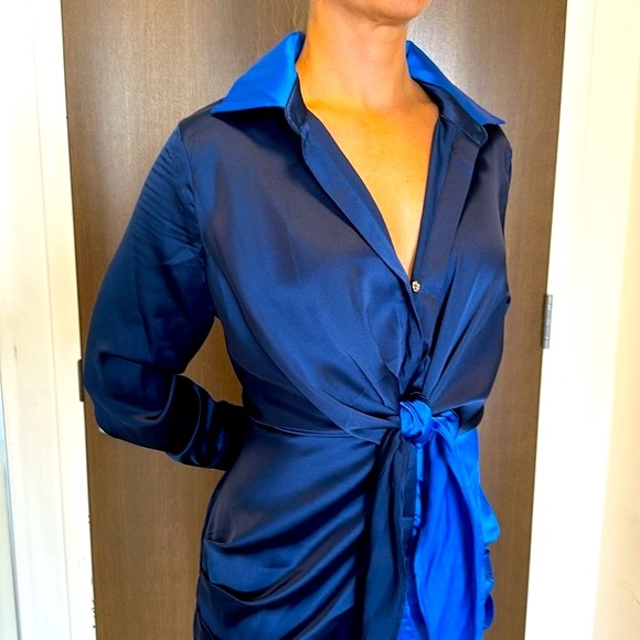 BRAND NEW LENA Colorblock Front Tie Button Shirt Dress - Picture 3 of 10